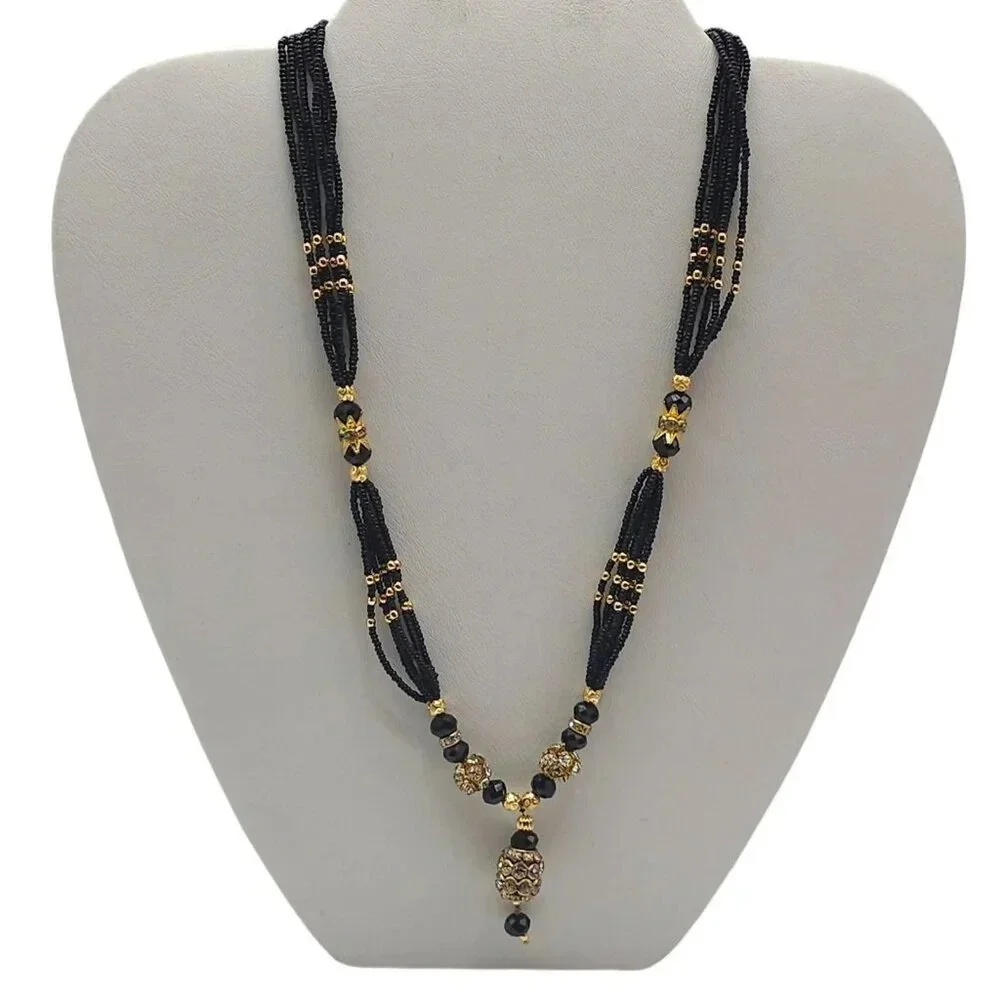 Clear Rhinestone Black Seed Beaded Pendant Necklace Gold Tone Vintage